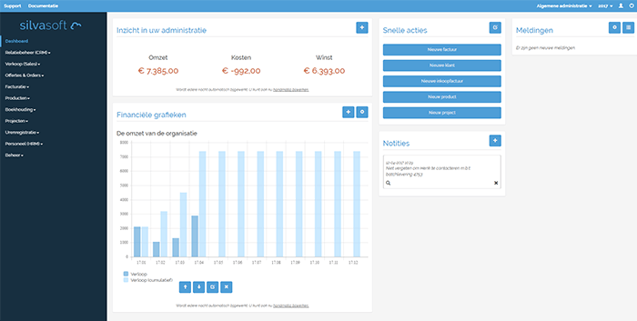 Hoofddashboard van de Silvasoft bedrijfssoftware.